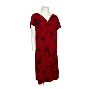 Vintage Red Rose Print Dress Flutter Sleeve Midi Large Romantic -
